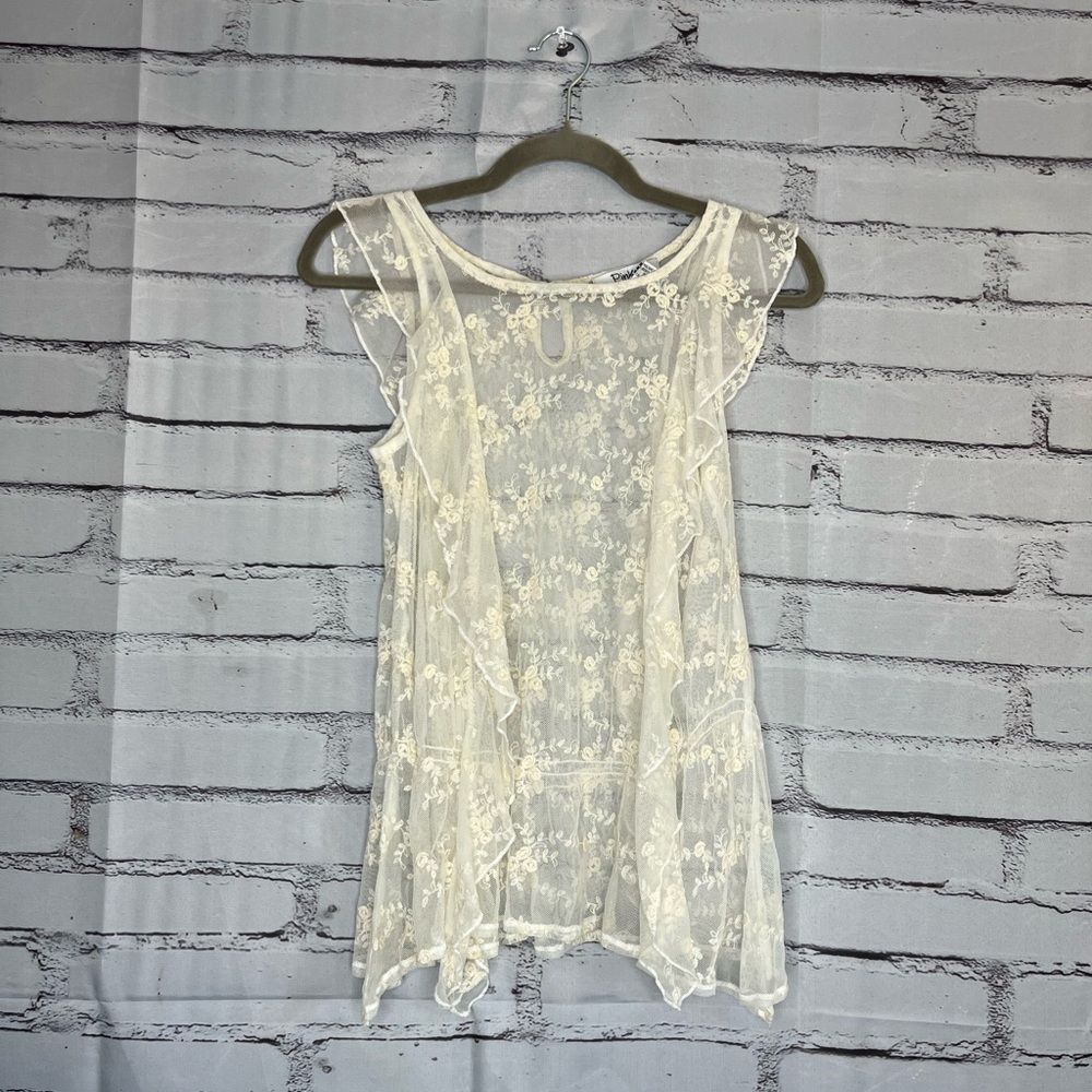 Pinky Sheer White Floral Lace Top SZ S Wedding See Through Minimalist Elegant
